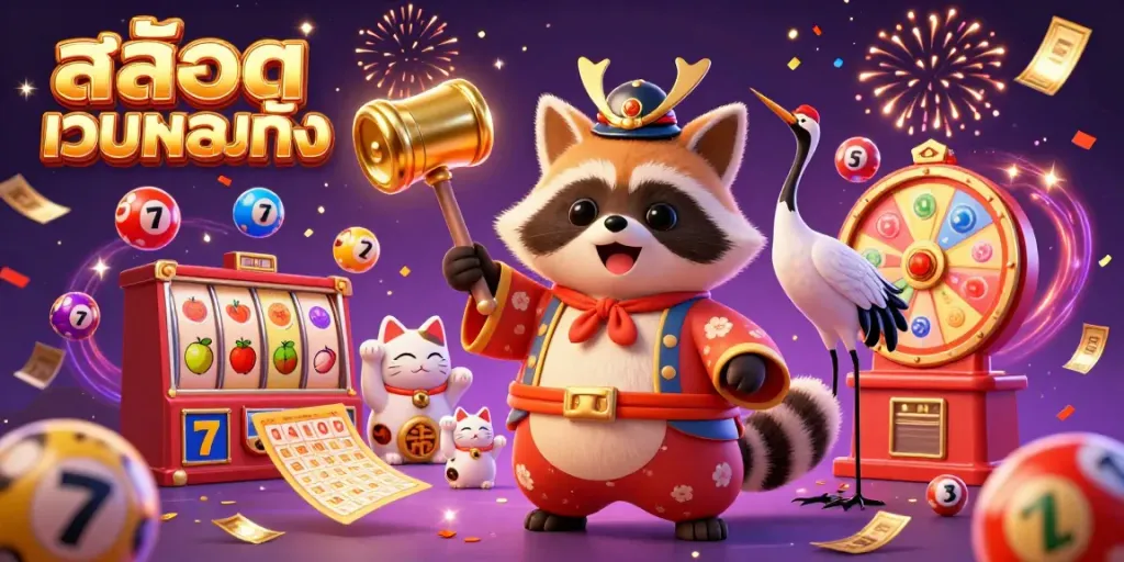 Experience the excitement of สล็อตเว็บตรงทั้งหมด with festive characters and vibrant game elements in a dynamic illustration.
