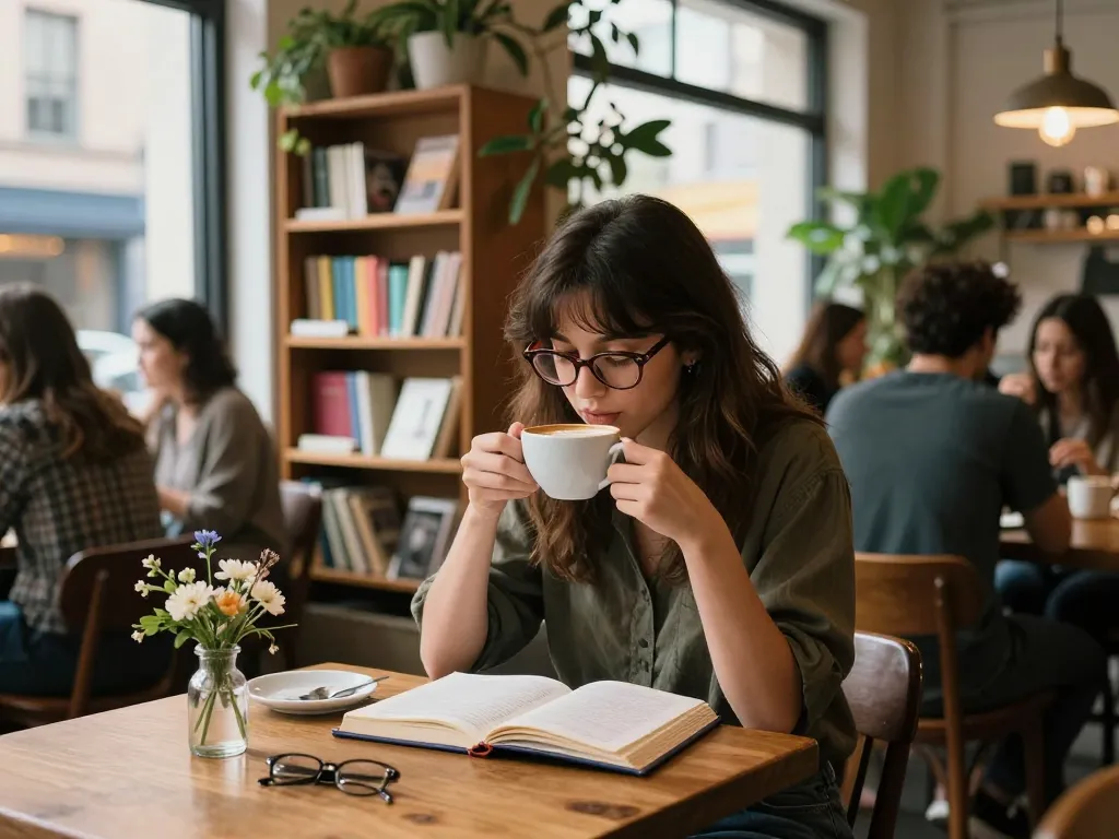 Young woman enjoys a latte while journaling about her crush on someone in a cozy café.