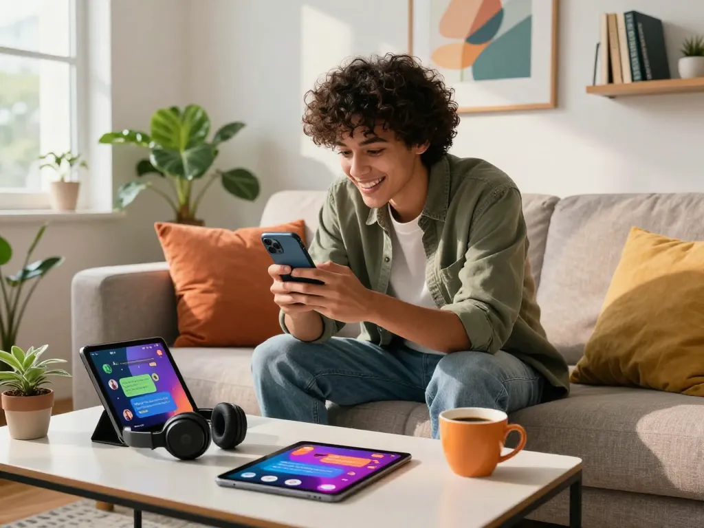 Engaging spicy chat on smartphone, cozy urban scene with stylish decor and tech gadgets