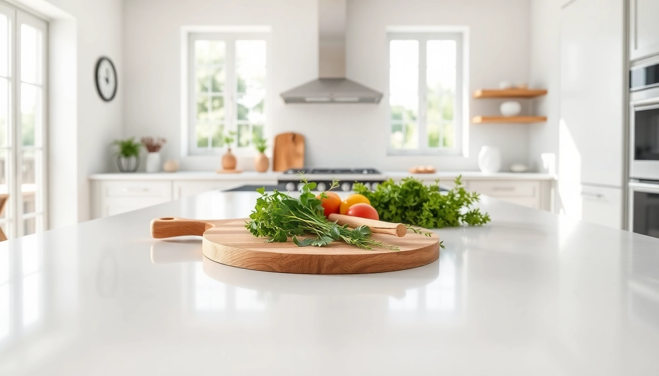 Admire the Porcelain Kitchen Worktops showcased in a modern kitchen setting with fresh ingredients.