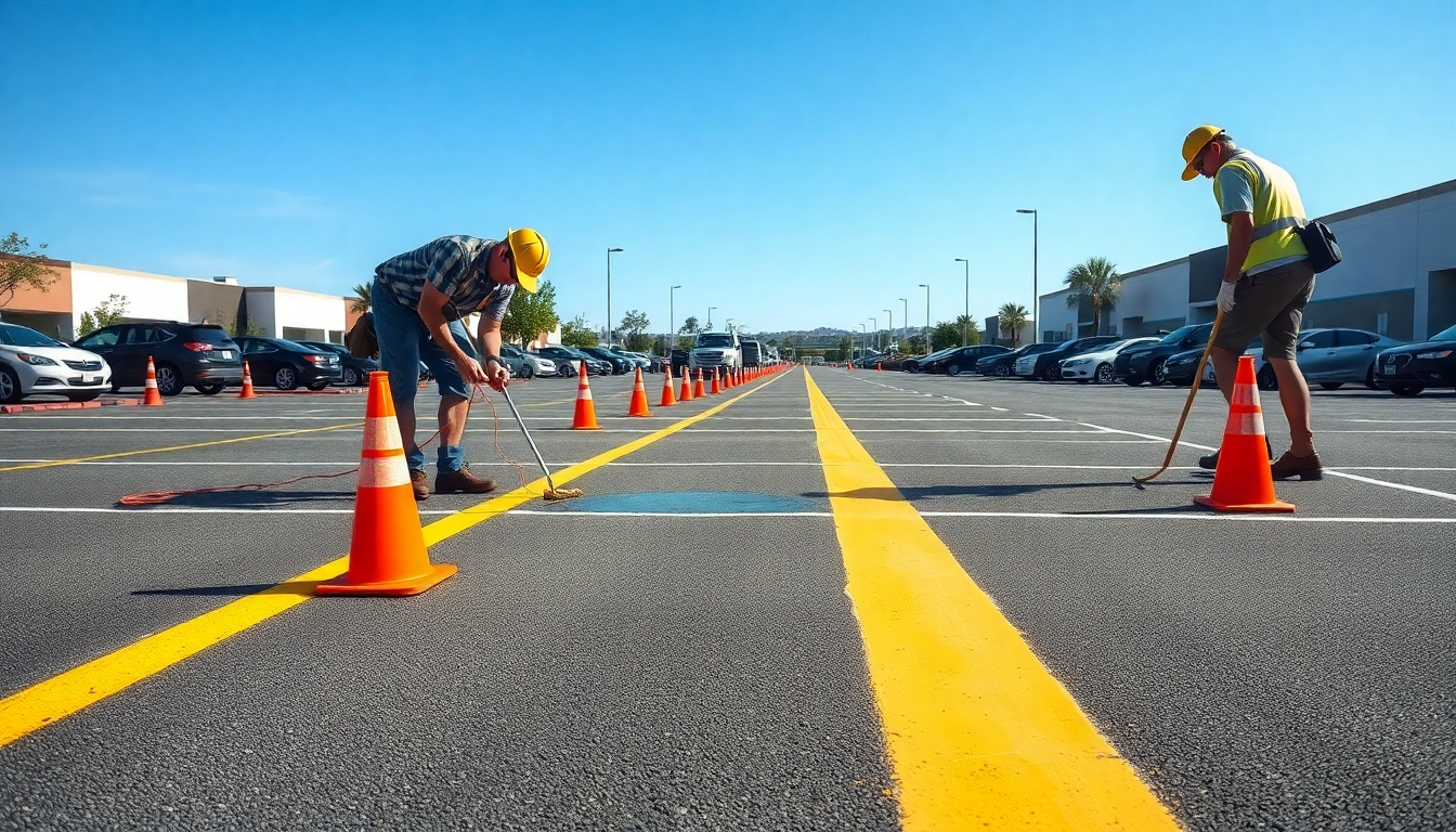 Parking lot marking company Jackson MS professionals diligently stripe a clean parking lot.