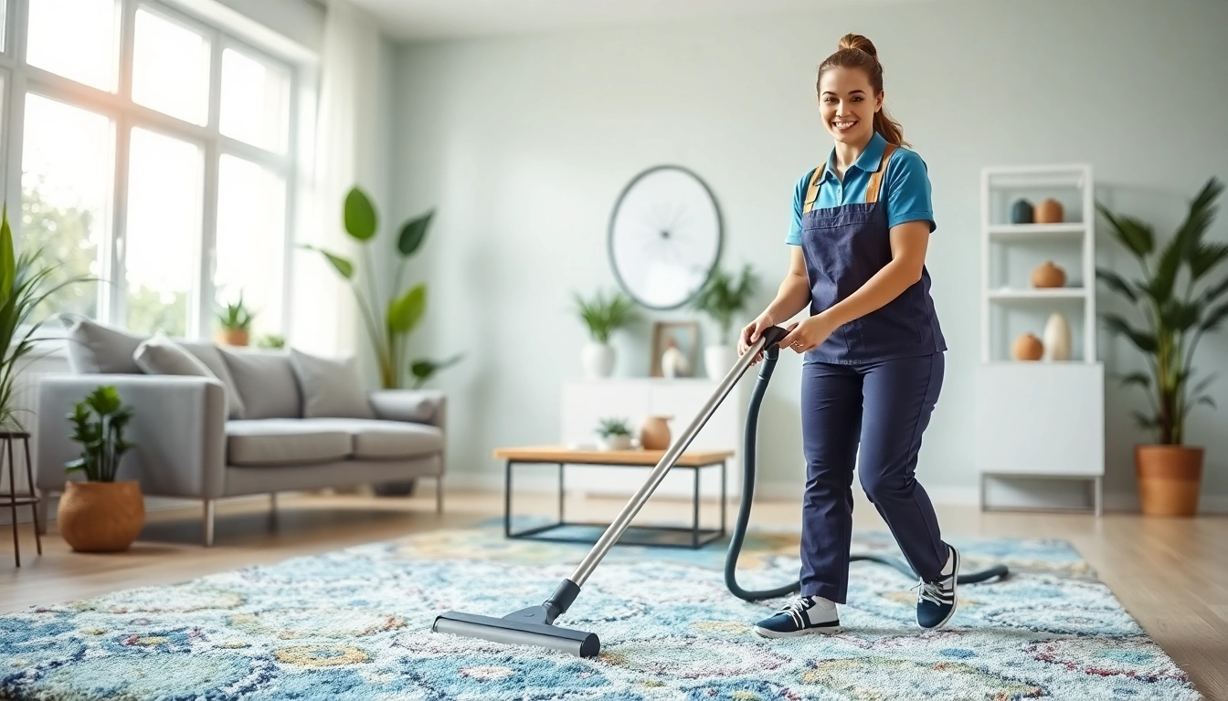 Cleaner providing thorough cleaning service in a bright modern living room.
