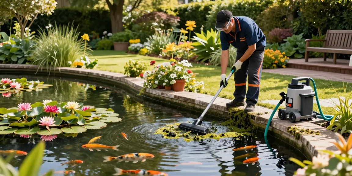 Professional Pond Cleaning Sussex with a landscaper removing algae and debris from a serene pond.