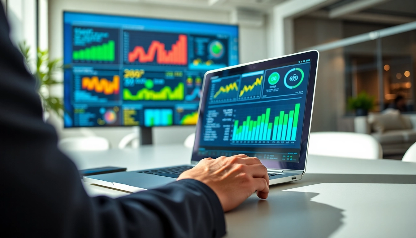 Marketer analyzing performance marketing metrics on a laptop with colorful infographics.