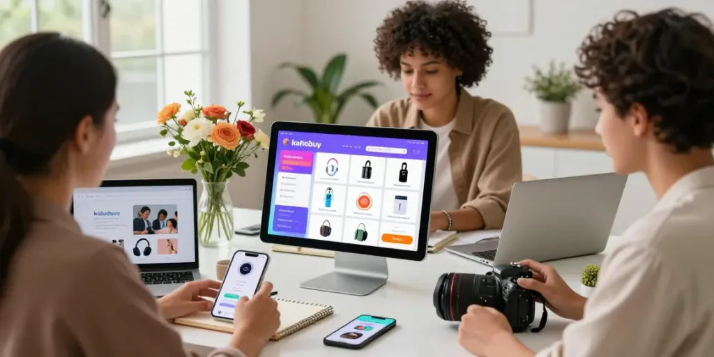 Shoppers exploring innovative kakobuy sheets on smart devices in a vibrant e-commerce workspace.