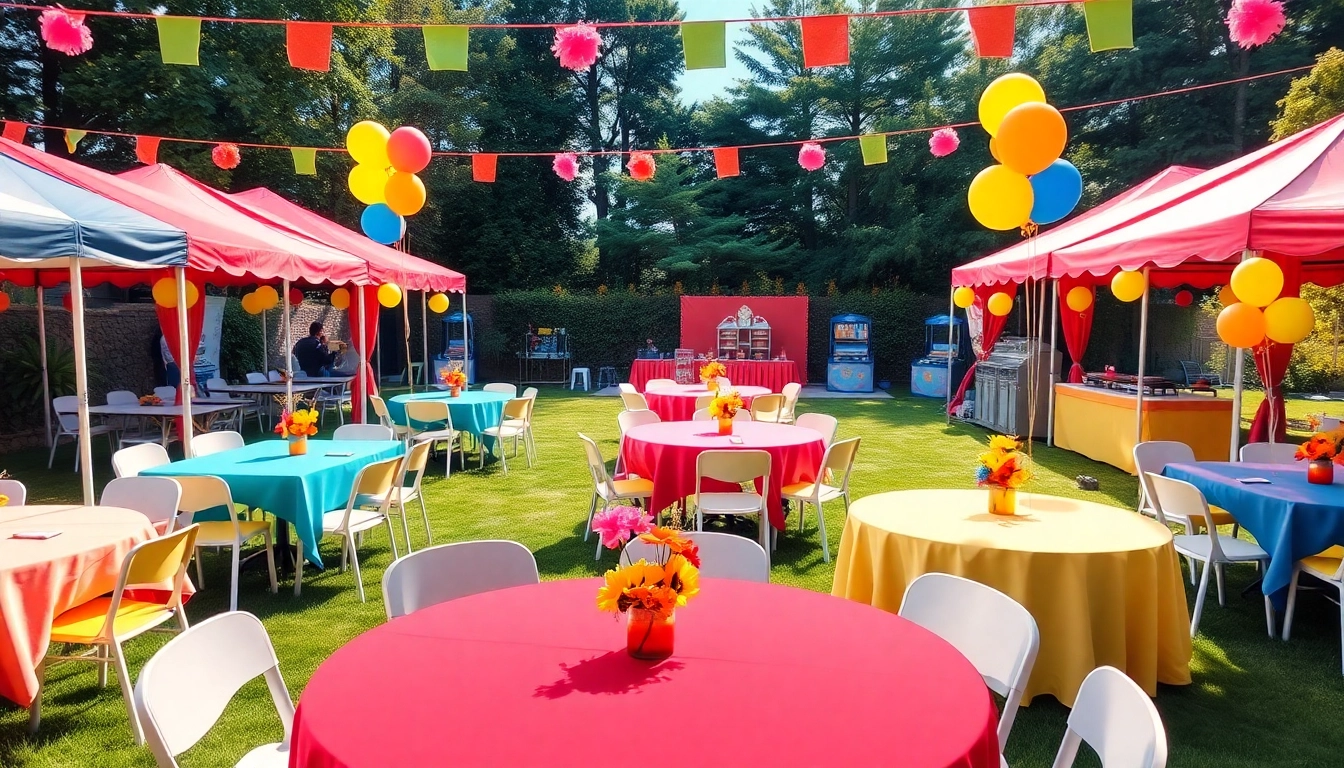 Engaging outdoor scene showcasing Party Rentals with tents, tables, and festive decorations.