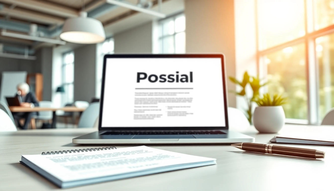 Engage in Customized Proposal Writing at a bright office workspace, showcasing a laptop and notepad.