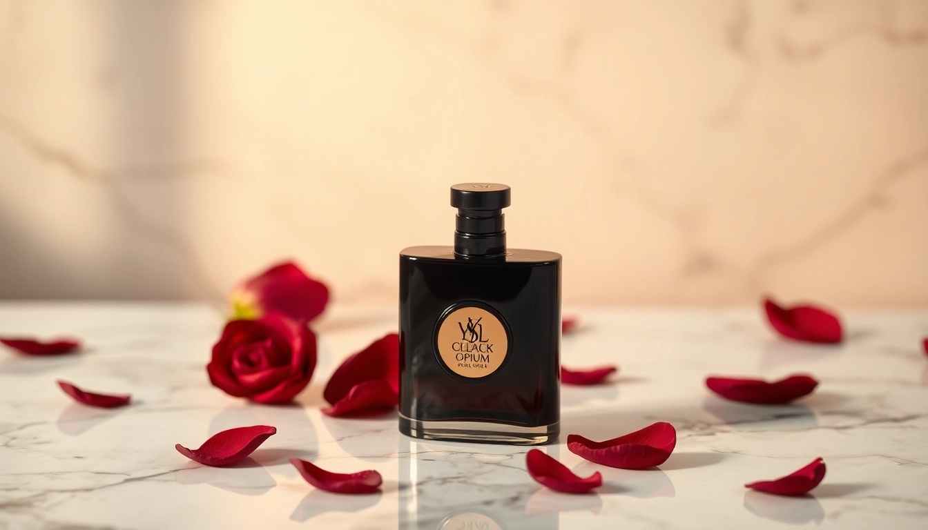 Showcase of ysl black opium bottle with rose petals, exuding sophistication and elegance.