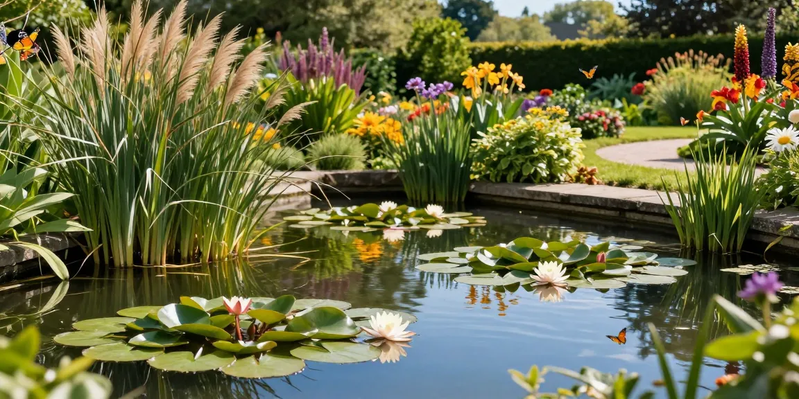 British pond plants in a serene garden setting with water lilies, reeds, and vibrant flowering rush.