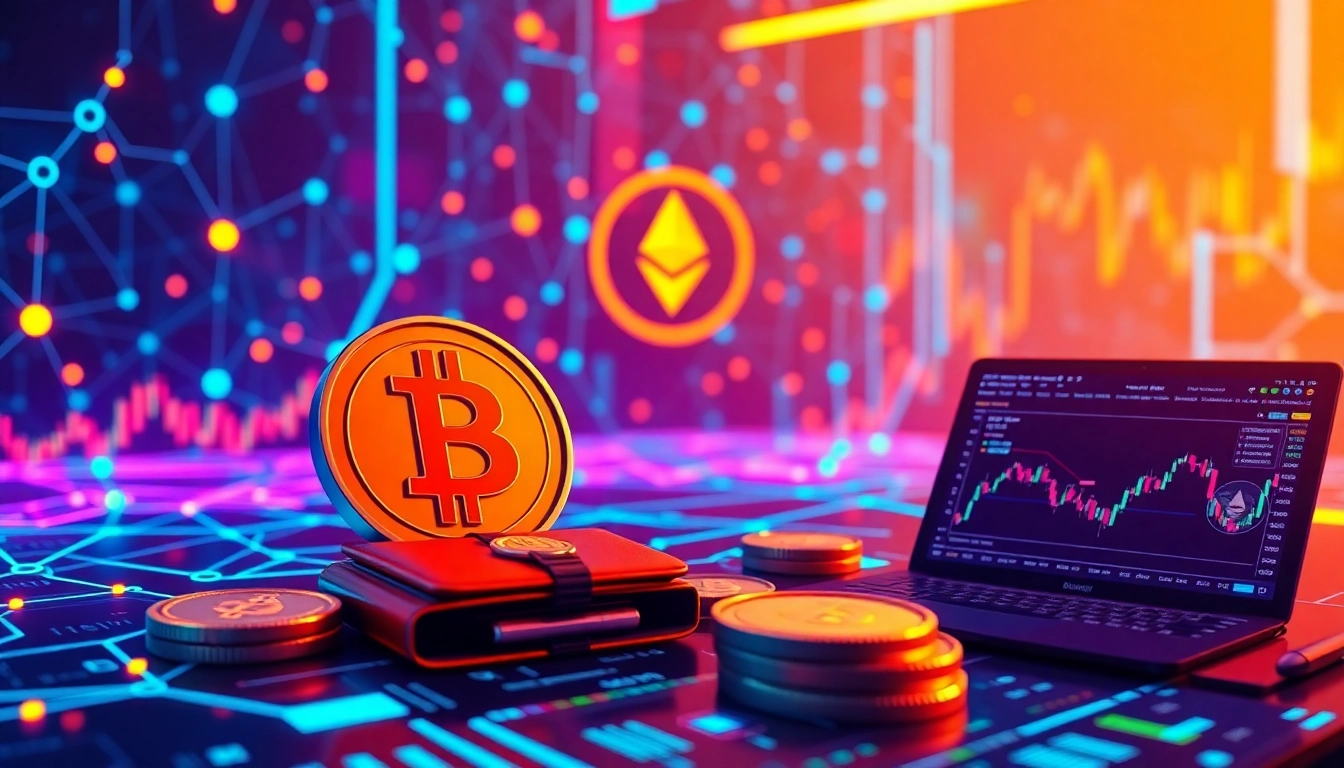 Cryptocurrency trading and blockchain network visualization with Bitcoin and Ethereum logos, showcasing digital wallets and trading charts.
