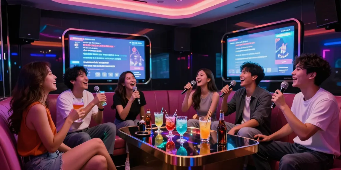 강남에서 친구들과 즐거운 가라오케를 즐기는 모습, gangnamtune.com/의 화려한 분위기를 담은 이미지