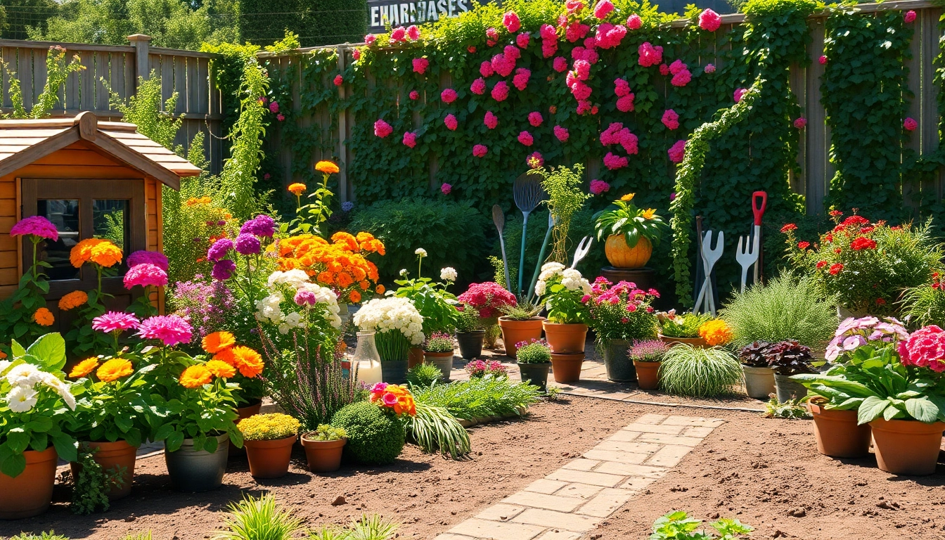 Gardening in a vibrant garden filled with blooming flowers and vegetables, surrounded by greenery.