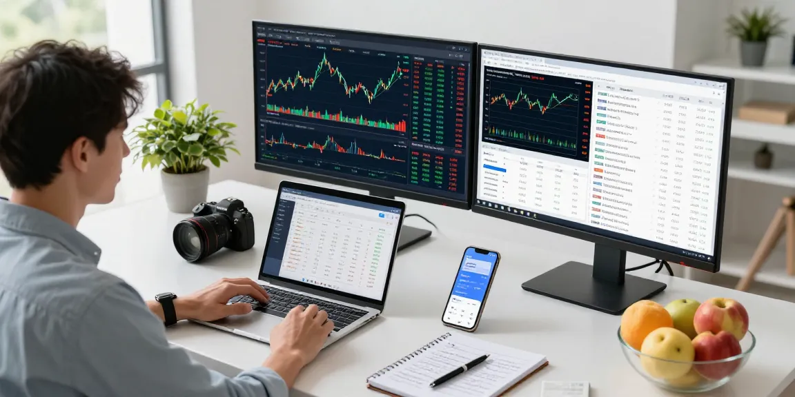 Dynamic workspace with financial market analysis tools displayed on monitors, conveying a focused investment environment.