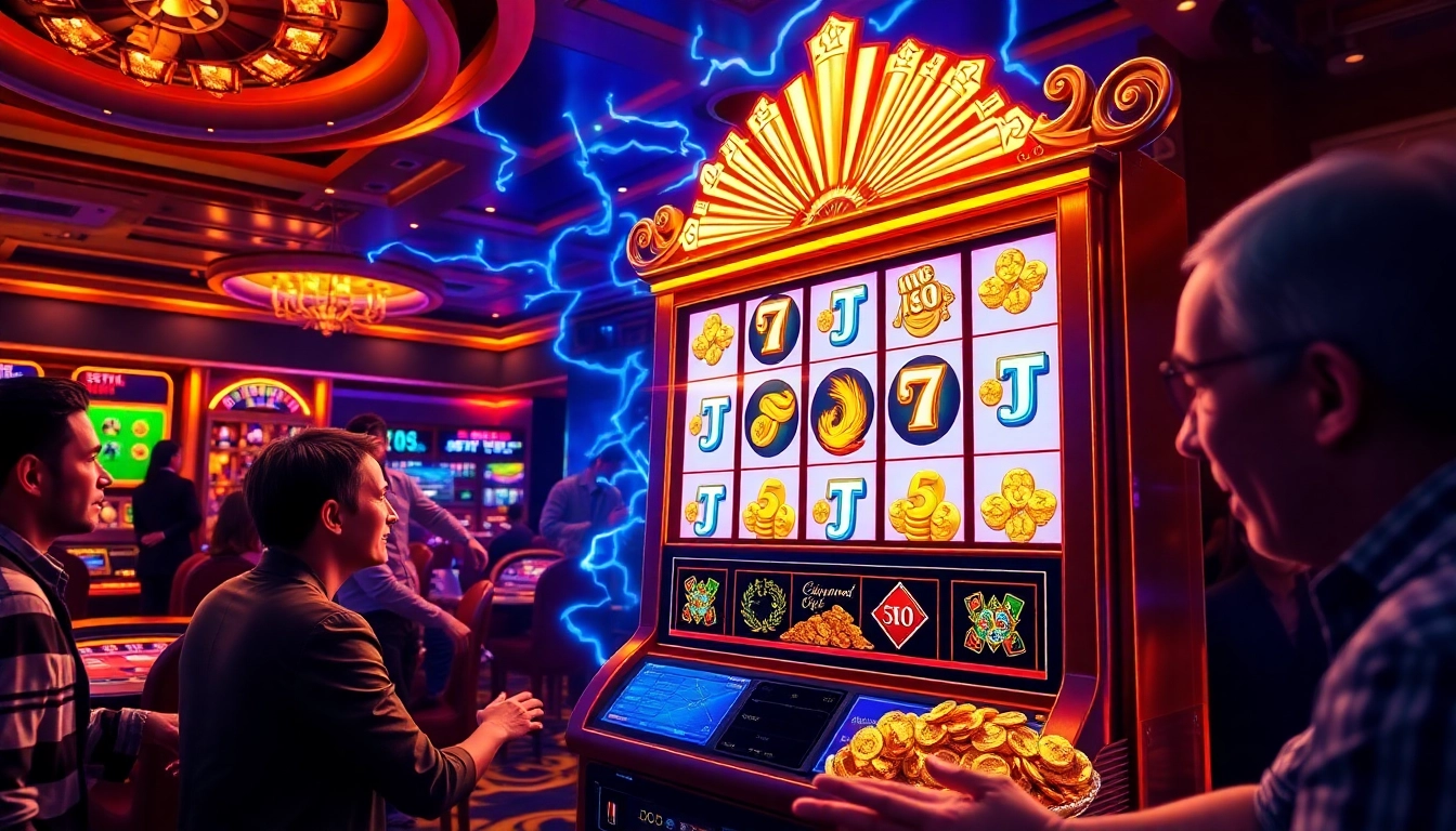 Experience the thrill of slot zeus with a vibrant casino scene featuring exciting gamblers and golden symbols.