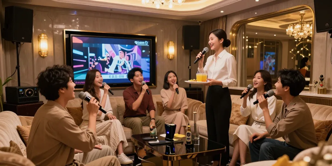 강남쩜오의 프리미엄 가라오케 룸에서 고객들이 노래를 부르며 즐거운 시간을 보내고 있는 모습
