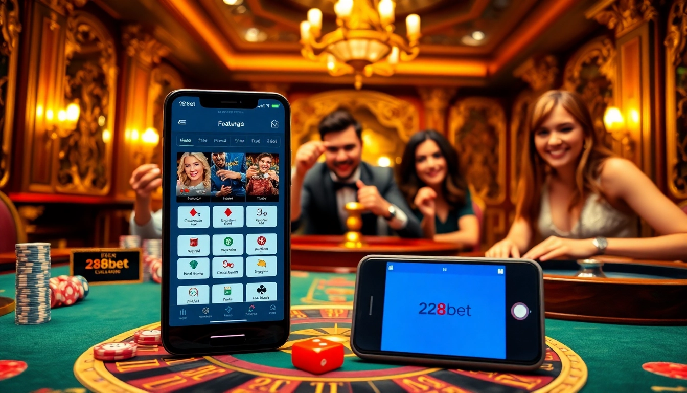Tải app 28bet and experience vibrant gambling action with casino tables and a smartphone display.