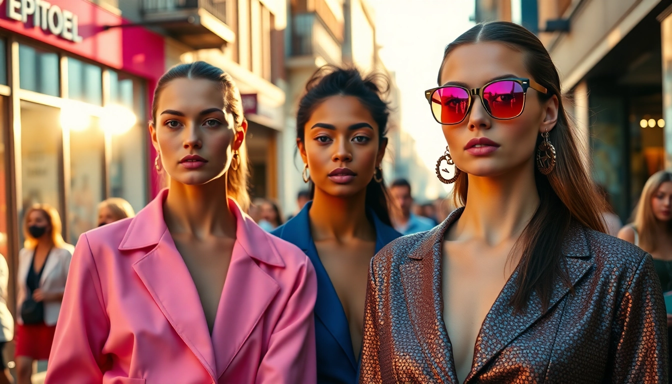 Fashion trends displayed by models on a lively urban street, capturing vibrant styles and energy.