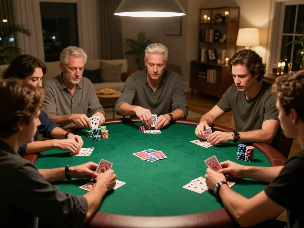 Engaging poker game night at home, showcasing strategic play among friends with slot deposit 2rb atmosphere.