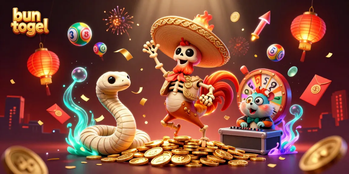 Bun togel lottery celebration featuring a dynamic 3D illustration of a mariachi rooster, a mummy snake, and a DJ hamster.