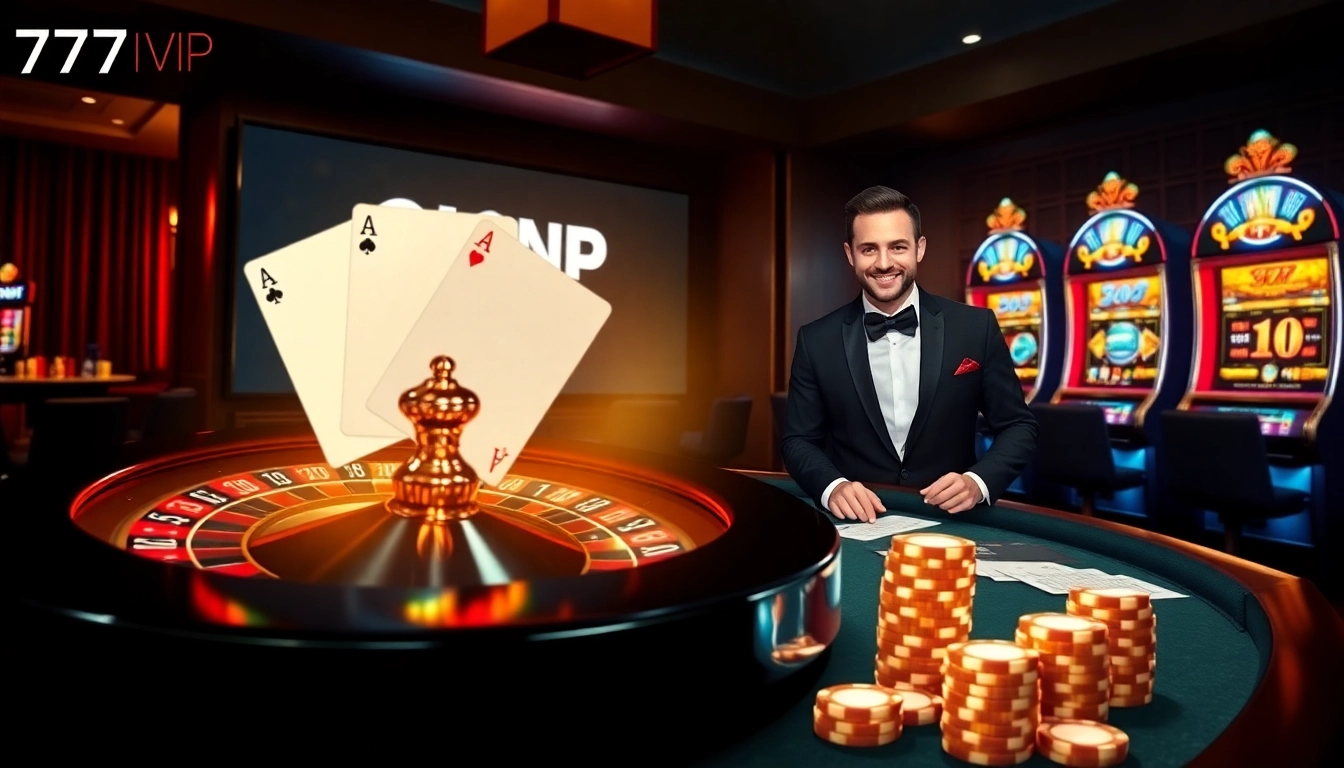 Placing bets at 777VIP's luxurious online casino featuring roulette, poker cards, and vibrant slot machines.