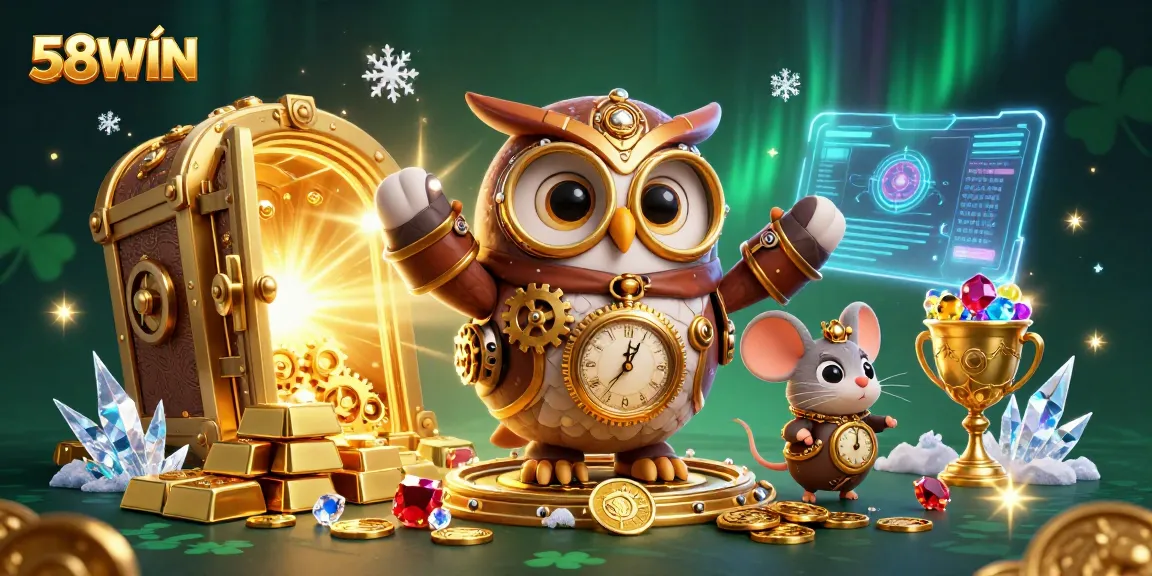 Engage with 58WIN's thrilling casino atmosphere featuring steampunk-inspired owl and joy from winnings.