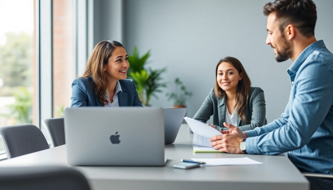 Career consultant advising a client in a modern office setting, showcasing professionalism and engagement.