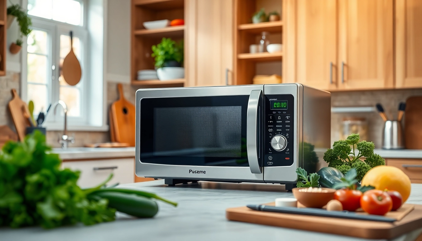 Boost your microwave oven sales with this dynamic kitchen display emphasizing fresh cooking ingredients.