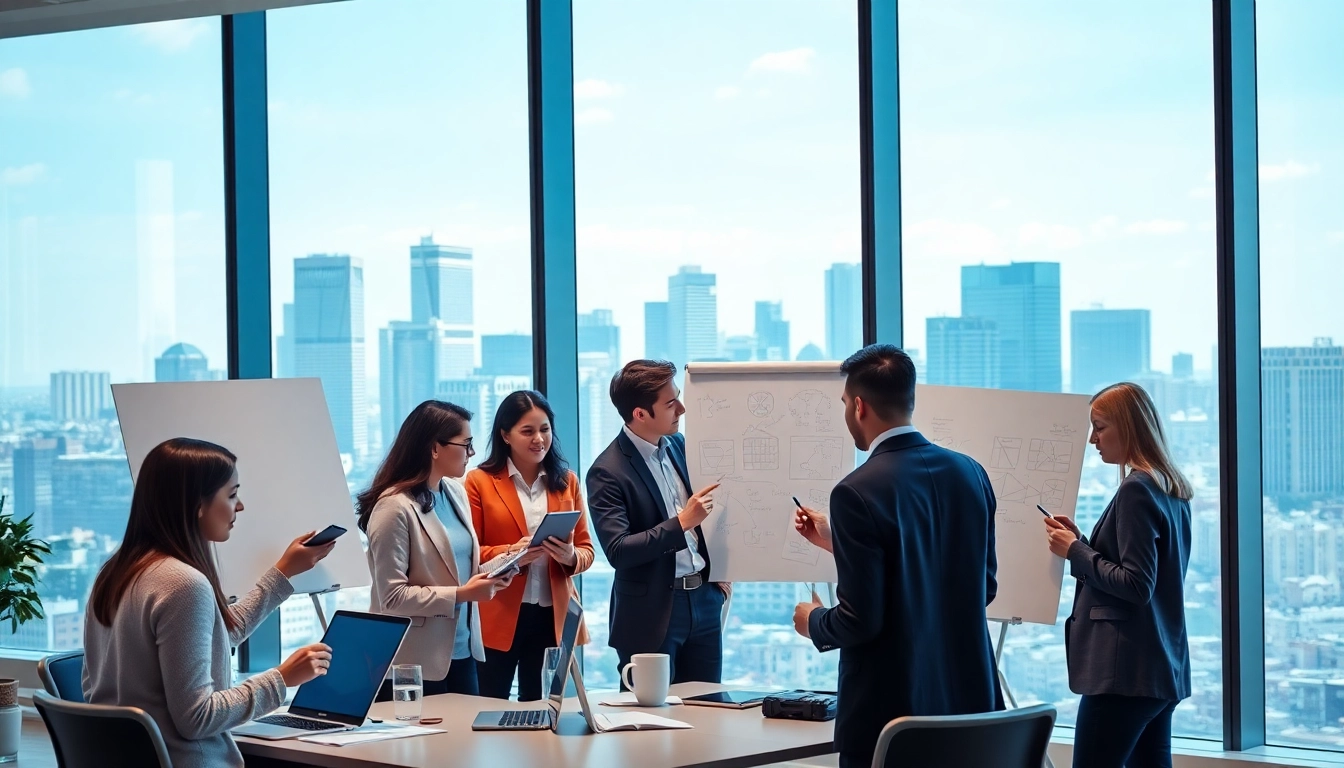 Collaborating professionals discussing business strategies in a modern office setting.