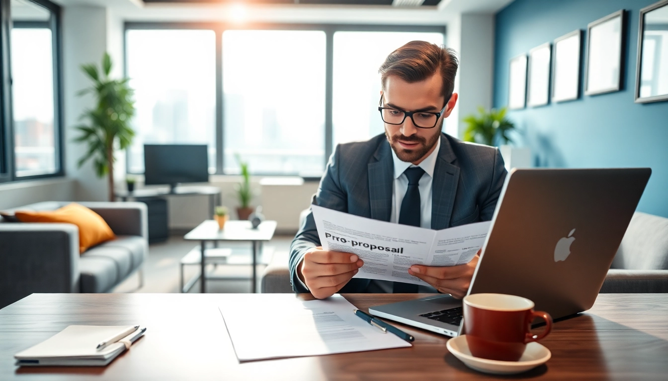 Engaging scene illustrating Proposal Writing and Management in an office with focus on detailed documents.