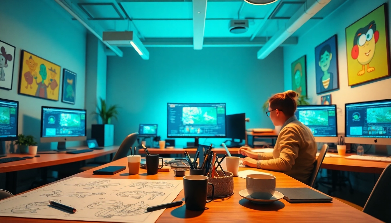 Animation Agency zeigt kreatives Team, das an Projekten arbeitet, in inspirierendem Umfeld.
