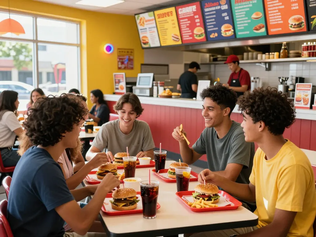Customers enjoying fast food meals, highlighting fast food prices in a lively restaurant atmosphere.