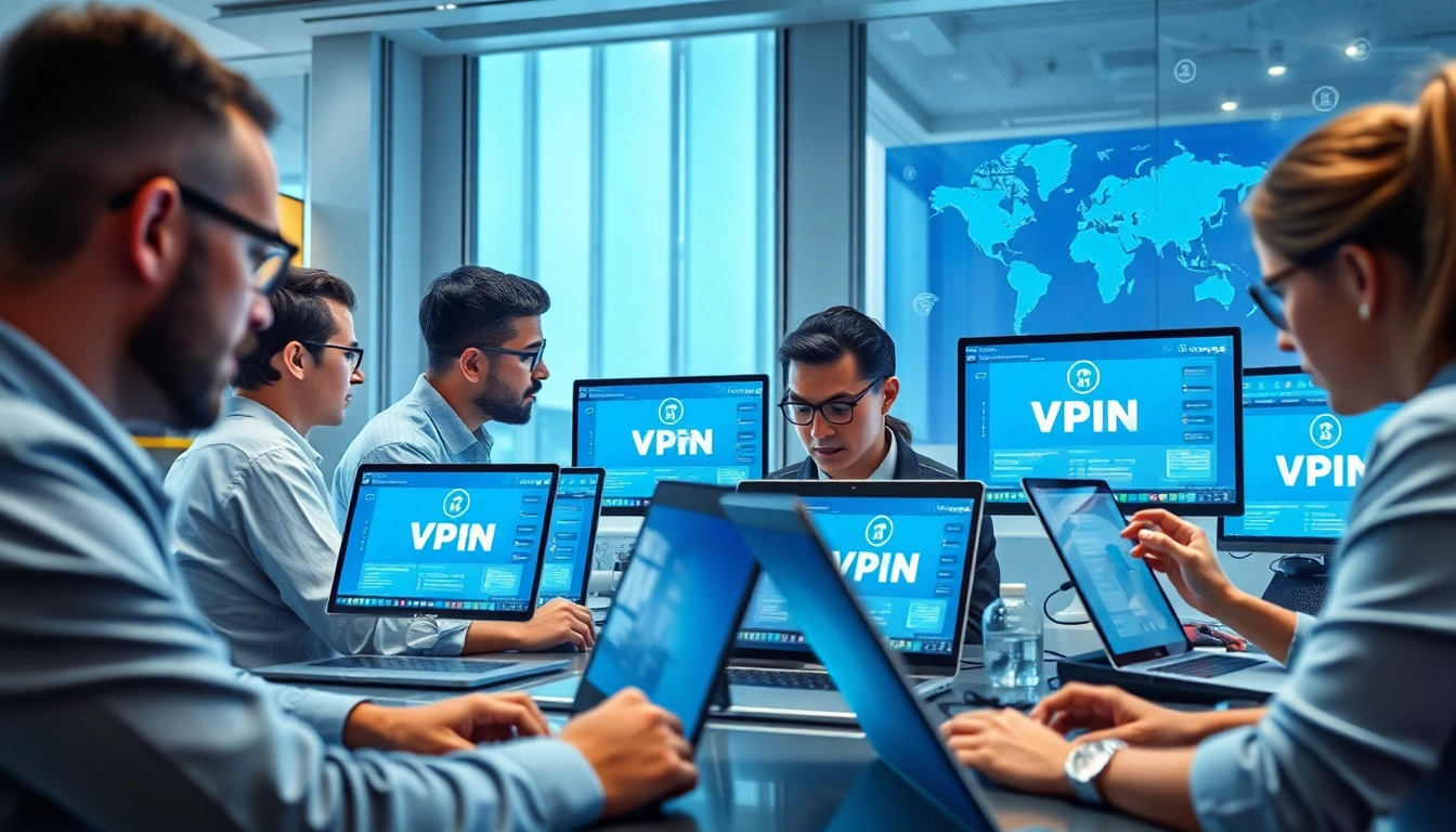 快连vpn下载 interface in a modern tech workspace with professionals using secure connections.