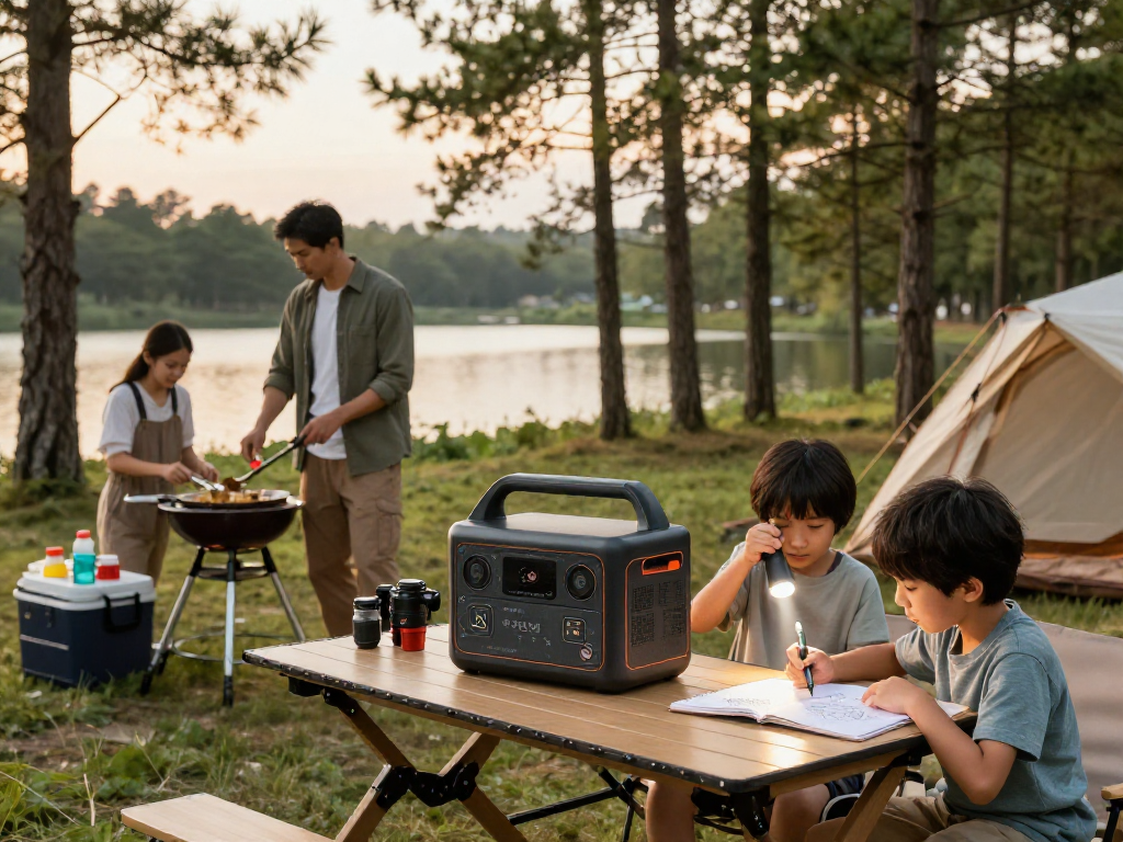 LiFePO4 portable power station manufacturer showcased in a family camping setup, highlighting convenience and adventure.