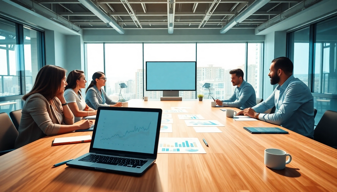 Business professionals collaborating in a modern meeting space with laptops and documents.