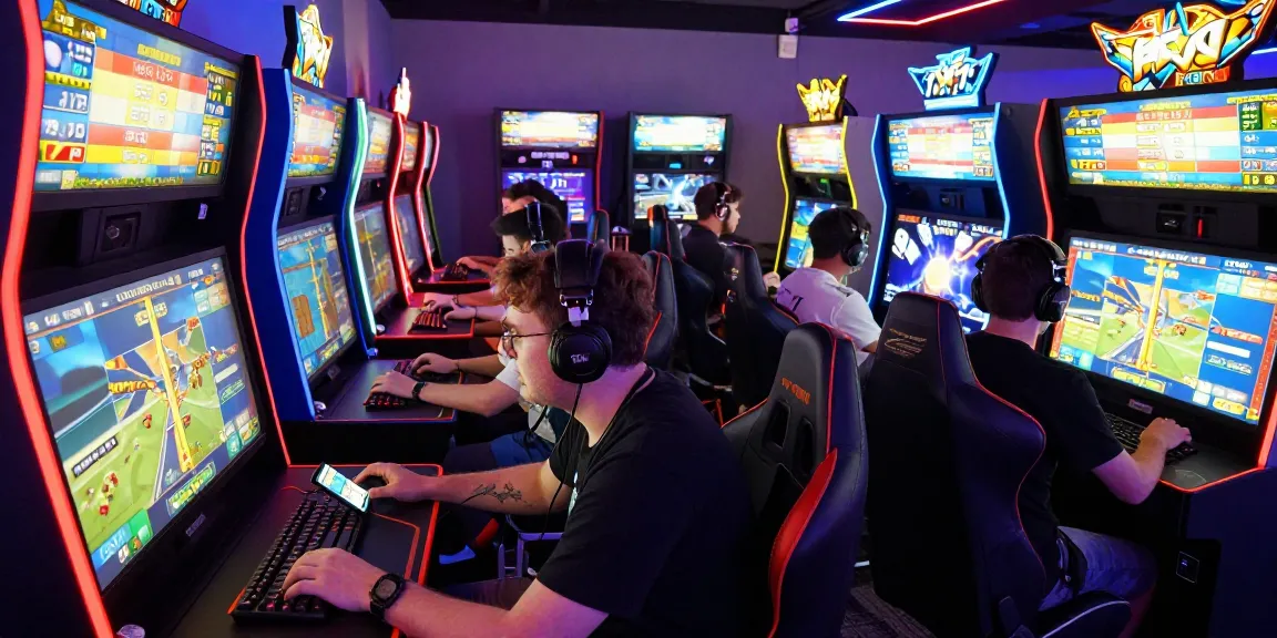 Gamers intensely engaging with the Aviator 1xbet crash game in a vibrant arcade atmosphere.