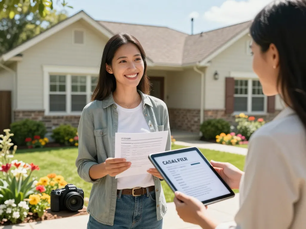 Sell my house fast for cash with a happy homeowner reviewing offers with a real estate agent in a welcoming garden setting.