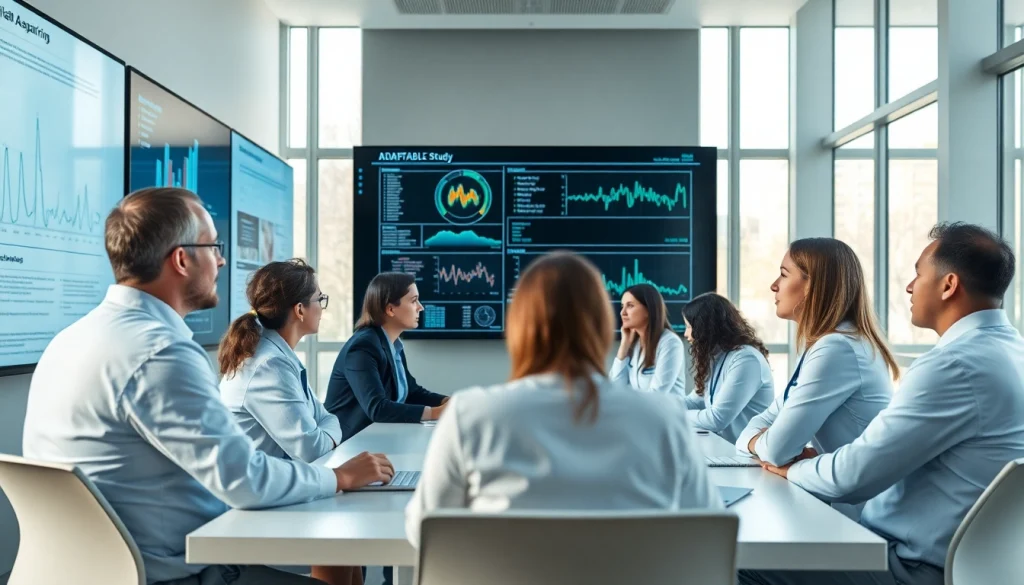 Collaborative team analyzing data in the ADAPTABLE Aspirin Study, emphasizing patient-centric research.