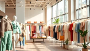 Stylish clothing store showcasing vibrant outfits and modern decor in a welcoming environment.