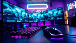 Permainan mawar500 game ditampilkan dalam suasana gaming yang futuristik dengan pencahayaan neon.