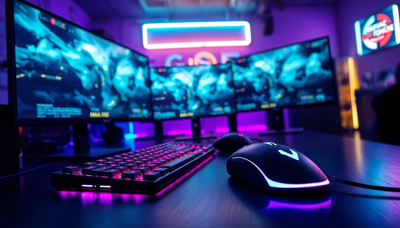 Permainan mawar500 game ditampilkan dalam suasana gaming yang futuristik dengan pencahayaan neon.