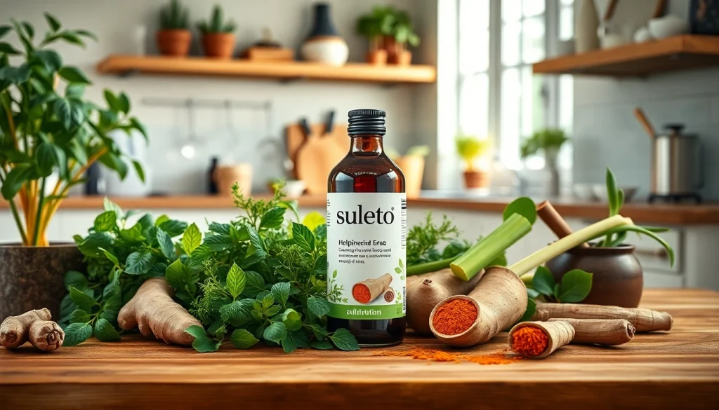 suletoto produk herbal yang menarik dikelilingi bahan segar di dapur modern