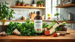 suletoto produk herbal yang menarik dikelilingi bahan segar di dapur modern