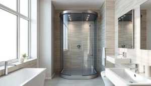 Admire the stylish sirhona shower cabin with LED features in a modern bathroom setting.