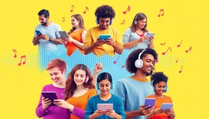 Discover the best MP3 download options as users enjoy music on various devices in a colorful setting.