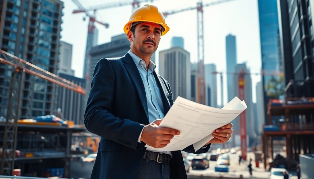 New York City Construction Manager analyzing construction plans on-site at a busy urban development.