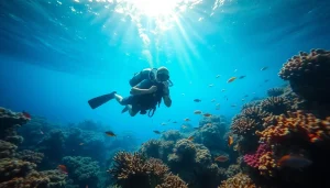 Diver capturing stunning underwater scenes at https://marvinscubaexpeditions.com with colorful coral reef and marine life.