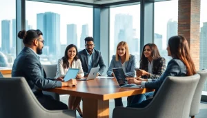 Collaborative scene showcasing Technology Companies professionals exchanging ideas in a modern office.