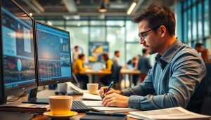 Engaged journalist exploring research insights on suntimesnews.com in a bustling newsroom.