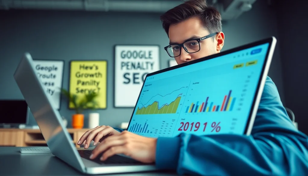 Analyze google penalty service data with a digital marketing consultant in a modern office.