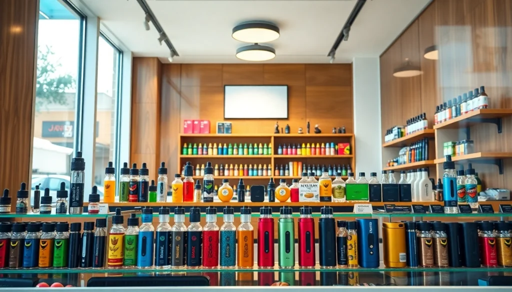 Vape shop with vibrant displays of vape devices and liquids, inviting customers to explore